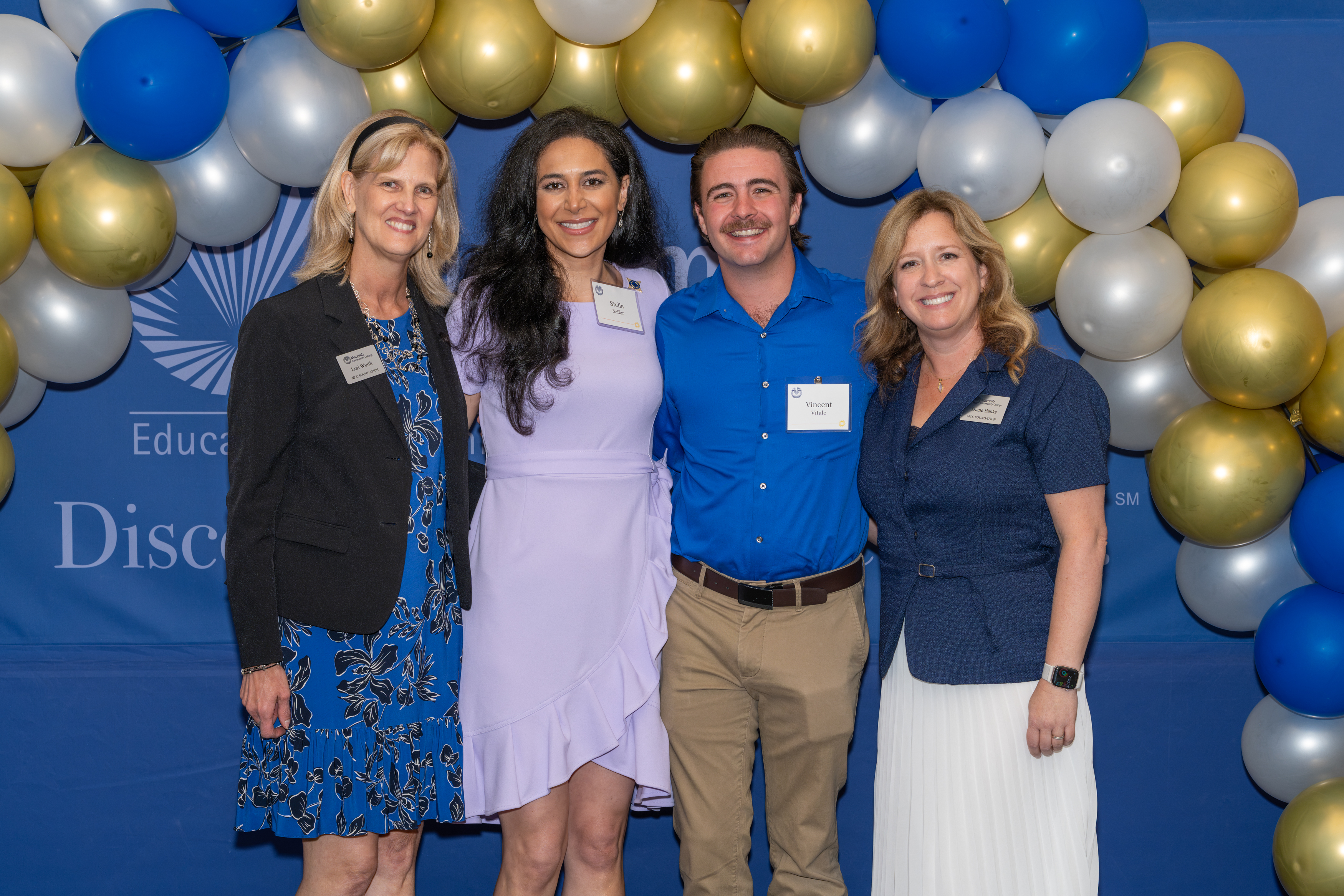 From left to right: Lori Wurth, campaign manager, Macomb Community College Foundation, Ashtar Stella Saffar, Macomb Community College alumnus, Vincent Vitale, Macomb Community College alumnus and Diane Banks, director, Macomb Community College Foundation, joined college supporters to celebrate the success of the Transforming Tomorrows campaign at Macomb’s Lorenzo Cultural Center on Sept. 10, 2026.